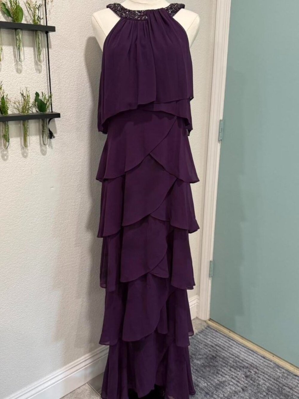 SL Fashions Purple Beaded Halter Evening Gown